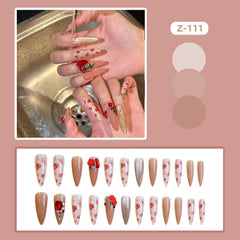 YICKYUE - 24pcs Long Almond Press on Nails Red Rose Crystal Decor False Nails Wearable Sweet Girl Korean Style Fake Nails for Women Lady