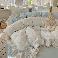 YICKYUE - Princess Lace Bedding Set - Korean Style 4PC Double-Layer Gauze with Floral Embroidery