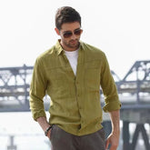 Hearujoy Vintage Linen Shirt For Men Double Pocket Workwear Long Sleeved Top Spring Autumn Leisure Loose Blouse Shirts Cotton Linen Male