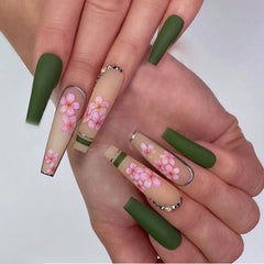 New Spring with Rhinestone Fake Nails Detachable Extra Long Coffin Flower French Ballerina False Nails Full Cover Nail Tips 24pc