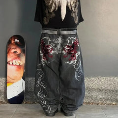 Hearujoy 90s Streetwear Vintage New Fashion Harajuku Pattern Black Embroidered Baggy Jeans Y2K High Street Casual Gothic High Waisted Wide Leg Trousers