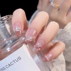 Yickyue 24Pcs Pink Ballet False Nails Long Coffin with Rhinestone Love Heart Wearable Fake Nails Full Cover Press on Nails Tips Glitter