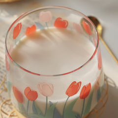 Ins net red Korean hand painted flowers tulip glass girl milk coffee cup juice cup drink water cup