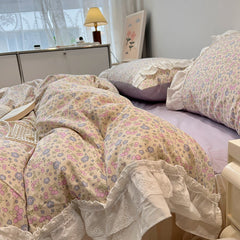 Yickyue Romantic 100%Cotton Twin Bedding Elegant Pink Purple Floral Duvet Cover Set White Lace Ruffle 1.2/1.5/1.8m Bedskirt Pillowcases