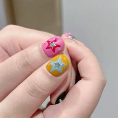 YICKYUE - 10pcs Handmade Short Press On Nails Cute Cartoon Colorful Star Design Y2K Sweet Cool Fake Nail Wearable Nails Art Tip Spicy Girl