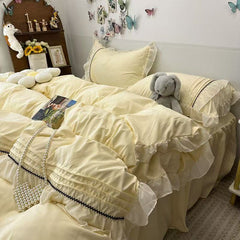 YICKYUE - 4PCS Princess Bedding Set Lace Ruffles Skin-Friendly Quilt Cover Skirt Bed Sheet Set 2 Pillowcases Queen Size For Girls Women