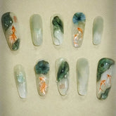 YICKYUE 10Pcs Oriental-Themed Press-On Nails with Lotus Leaf,Koi Fish,Bamboo Patterns Crescent Moon Designs Nail Tips for Women&Girls