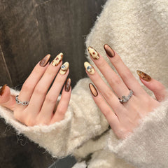 YICKYUE - 10pcs Handmade Shimmery Brown Cat's Eye Press On Nail Glossy Diamond Leopard Print False Nails Reusable Wearable Fake Nail Tips