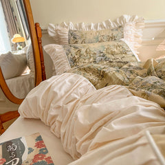 Yickyue Vintage Pastoral Artistic 100% Cotton Pleat Edge Bedding Set Ruffles Plant Pattern Quilt Cover Bed Skirt Bed Linen Pillow Shams