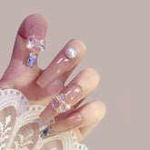 24Pcs Long Coffin False Nails colorful Aurora 3D Bow Wearable Press on Fake Nails for Women and Girls Summer DIY Fake Nail Patch