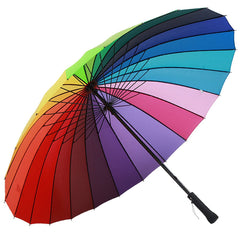 24K Rib Colorful Rainbow Fashion Long Handle Umbrella For Women Straight Anti-Uv Sun/Rain Stick Umbrella Manual Lady Big Parasol