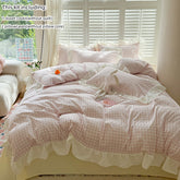 YICKYUE - 4pcs Korean lace Duvet Cover Set (1*Duvet Cover +1 flat sheet + 2*Pillowcase, Without Core), Pink checkered print Bedding Set