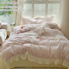 YICKYUE - 4pcs Korean lace Duvet Cover Set (1*Duvet Cover +1 flat sheet + 2*Pillowcase, Without Core), Pink checkered print Bedding Set