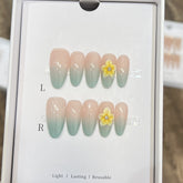 YICKYUE - 10pcs Handmade Elegant and Fresh Yellow Green Gradient Painted Egg Flower Design French Oval Fake Nails Wearable Nails for Girls