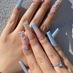 24Pcs Extra Long French False Nail Tips Butterfly Glitter Fake Nail Full Coverage Nail Art Pearl Heart Manicure Tools