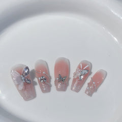 YICKYUE - 10Pcs Handmade Blush Pink Fake Nail Long Ballet Nails Art Tip Detachable French Butterfly Design Finished Press on False Nails