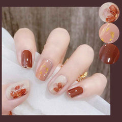 24pcs false nails with a pattern Warm brown Caramel Phnom Penh flower wear finished nail tablet False nail removable Manicure TY