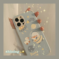 Space duck leather phone case cute cover for iphone 11 12 mini 13 pro max 7 8 plus xs max xr x cartoon funda conque capa