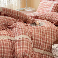 YICKYUE - Red Tartan Plaid Ruffle Bedding Set