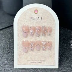 YICKYUE - 10Pcs Pink Handmade Press on Nails Full Cover Bow Tie Rhinestone Design French Fake Nails Wearable Manicure Nail Tips Art