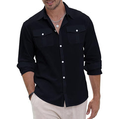 Hearujoy Cotton Linen Men Shirt Solid Color Double Pocket Long Sleeve Top Spring Summer Fashion Casual Beach Breathable Comfortable Shirt