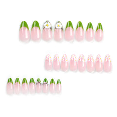YICKYUE - French Fresh Green White Daisy Rhinestone Almond Shape Fake Art Nails Fashion Detachable Finished False Nail Press on Nail Glue