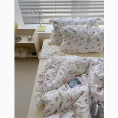 YICKYUE - Cute Princess Fashion Lattice Bedding Set Bed Sheet AB Double Sided Ruffle Flower Quilt Cover Pillowcase Bedclothes Home Textile