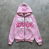 Hearujoy Men and Women Zippered Pink Foam Hooded, Harajuku Casual Clothing, European and American Classic, Loose, Y2K, 2024