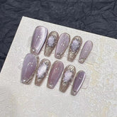 YICKYUE - 10Pcs Naked Cat Eye Press On Nails Laser Butterfly Decoration Fake Nails Short Full Cover False Nail Wearable Manicure Nail Tips