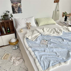 YICKYUE - Ins Style Bow Jacquard Milk Velvet Blanket Solid Color Double Layer Soft Sofa Cover Blanket Office Casual Warm Shawl Blanket