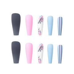 24Pcs/Set Press On False Nails Long Ballerina Manicure Artificial Nail Art Finished Matte Striped Contrast Color Wear Fake Nail