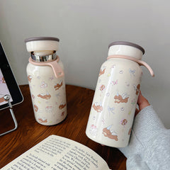 YICKYUE - Kawaii Coffee Tumbler Cute Puppy Stainless Steel Thermal Water Bottle Leak-proof Girl Thermos Cup For Tea Coffee Juice Tea 400ml