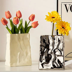 Yickyue 1 Large Capacity Pleated Paper Bag Shaped Ceramic Vase for Flower Arrangement and Home Decoration - Perfect for Wedding, Bedroom