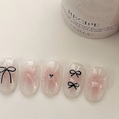 YICKYUE - 10Pcs Pink Handmade Press on Nails Short Blush Artificial False Nail Tips Black Bow Designed Sweet Girl Full Cover Fingernail