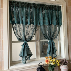 Yickyue American Pastoral Dark Green Short Curtain Coffee Half Curtain Double Lace Embroidered Sheer Curtain for Kitchen Cabinet Door