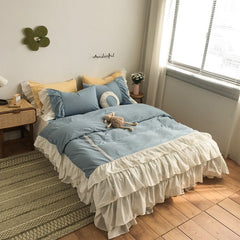 100% Yarn-Dyed Washed Cotton Princess Girl Bedding Set White Ruffle Splice Cake skirt design Duvet Cover Bed Skirt Pillowcases