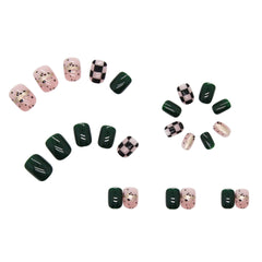 24pcs/box Fake Nails Press on Short Reusable Nails Set Dark Green Artificial Pink False Tipsy Stick-on Nails Tips Art