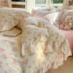 YICKYUE Flower Washed Cotton Bedding Set Duvet Cover Set Korean Lace Ruffles Quilt Cover Soft Skin-friendly Cover Bed Linen Pillowcases