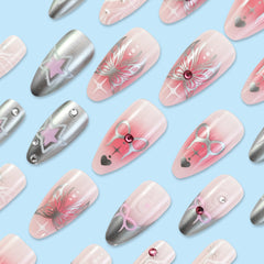 YICKYUE - 24pcs Spicy Girl Style Fake Nails 3D Sliver Bow Butterfly Decor False Nails Wearable Y2k Sliver Pink Almond Press on Nail Tips