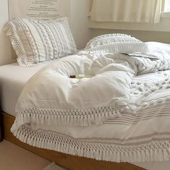 Yickyue Soft Cotton Textured Duvet Cover Set with Tassel Fringe Boho Chic Bedding sets Twin Queen Comforter Cover Bed Sheet Pillowcases