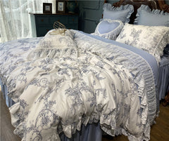 Yickyue French Vintage Rural Floral Princess Bed Skirt Bedding Set Romantic White Lace Edge 400TC Cotton Quilt/Duvet Cover Set Pillowcas