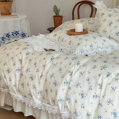 100% Cotton Vintage French Floral Pattern Princess 4Pcs Bedding Set Ruffles Bed Skirt Quilt/Duvet Cover Set Bed Linen Pillowcase