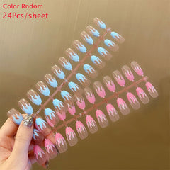 24pcs/Set French False Nails Pretty White Flower Pattern Gold Glitter Ballerina Nail Art Tips with Design Sticker Press on Nails