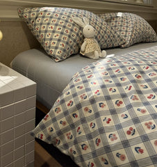 YICKYUE - Vintage flower cherry red blue plaid beding set,twin full queen king retro cotton home textile bed sheet pillow case quilt cover