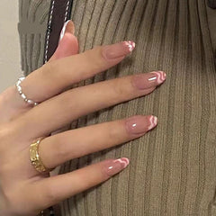 24PCS Fake Nail Pink White Wave Decor Girls Long Paragraph Full Cover Fake Nail Tips Artificial Nails Art Patches TY