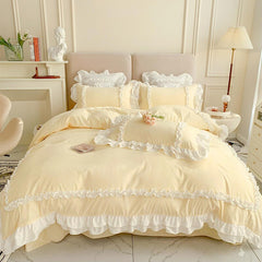 Yickyue Elegant Bedding Sets Luxury Bed Linen Princess Washed Cotton Ruffle Duvet Cover Set Bed Sheet and Pillowcases Bed Comforter Sets