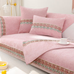 Yickyue Korean Pink Sofa Covers with Lace Floral Couch Sofa Cover Thicken Chenille Slip Cover Non Slip Sectional Sofa Towels Home Decor