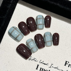 YICKYUE - Handmade Press On Nails Autumn Dark Brown Fake Nails Short Coffin Haze Blue False Nails Contrast Color Check Pattern Finished