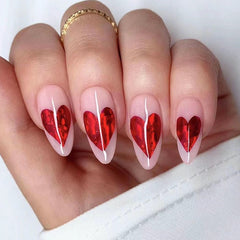 YICKYUE - 24pcs Almond Fake Nails Red Love Heart Pattern Artificial Nail Patch for Girl Women Wearable Fake Nails Valentine's Day Gifts