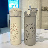 460ml Cartoon Stainless Steel Vacuum Flask With Straw Portable Cute Thermos Mug Travel Thermal Water Bottle Tumbler Thermocup